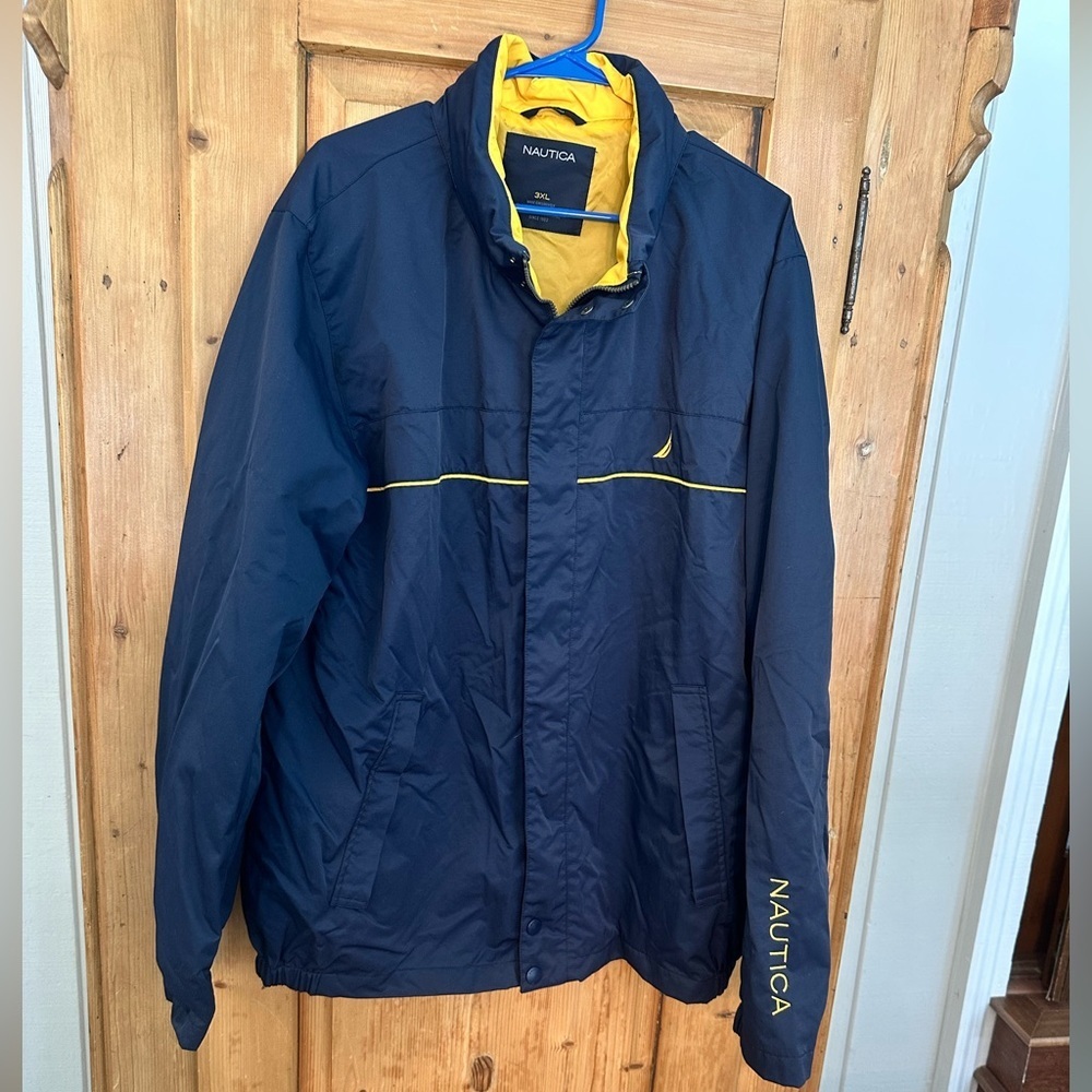 Nautica Windbreaker Weather Resistant Navy w/Yellow Lining & Hidden Hood Size 3X